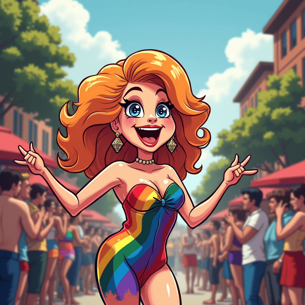 Drag Queen Cartoon Character hosting a block party for gay pride