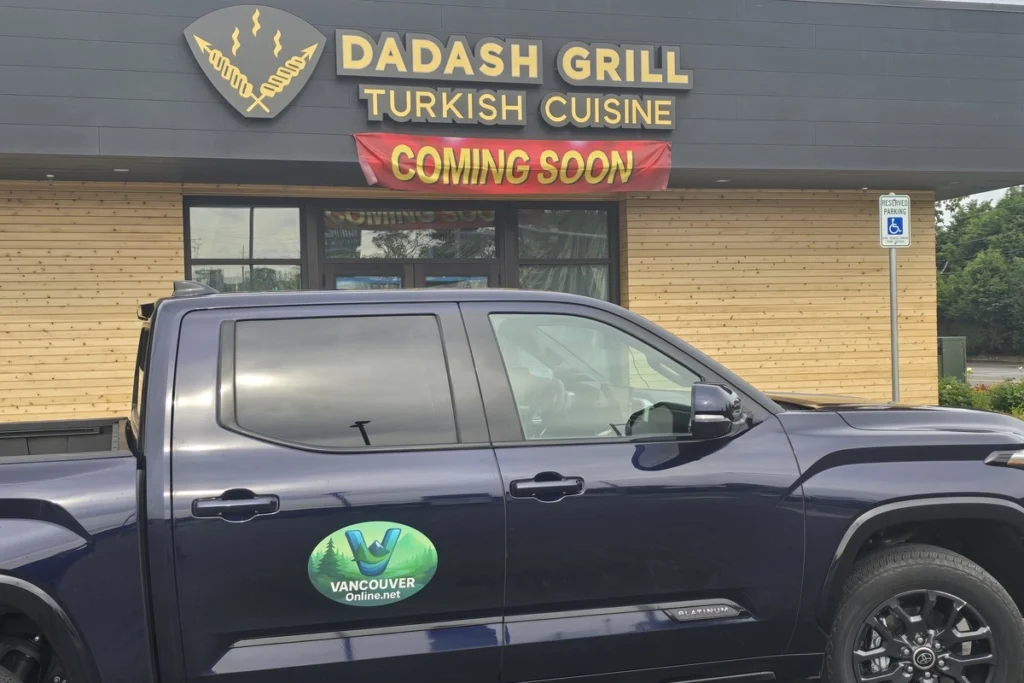 Dadash Grill Turkish Cuisine restaurant with the blue VancouverOnline.net truck parked in front