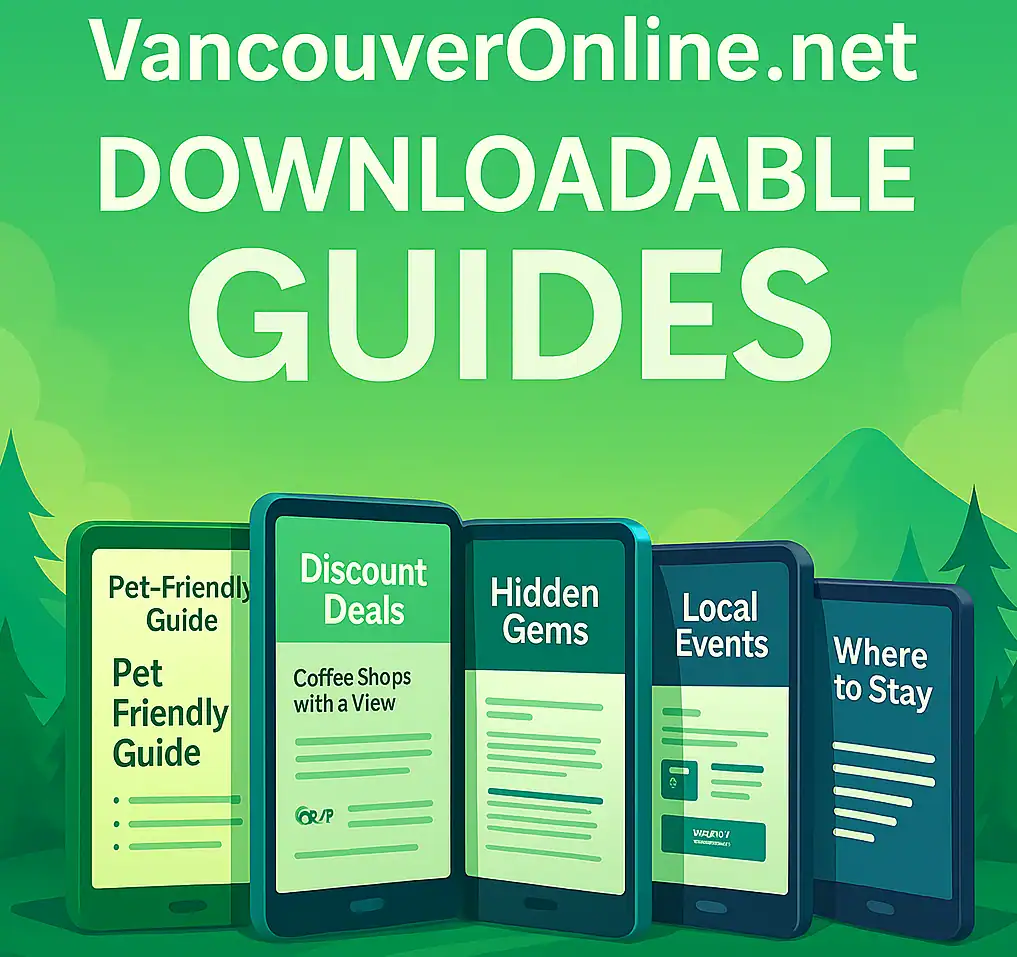 VancouverOnline.net Downloadable Guides - 5 Separate E Tablets each displaying an individual guide like Pet Friendly, Hidden Gems, Local Events & Where to Stay