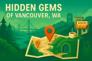 An Artist rendering of Vancouver Washington with the text Hidden Gems and a map
