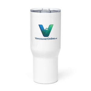 Travel mug with a handle with Vancouver Online Logo