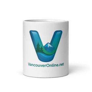 White glossy mug with Vancouver Online logo